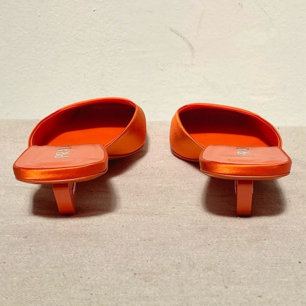 Prada orange satin silk square toe mules logo heels with box size 41 - Picture 7 of 13